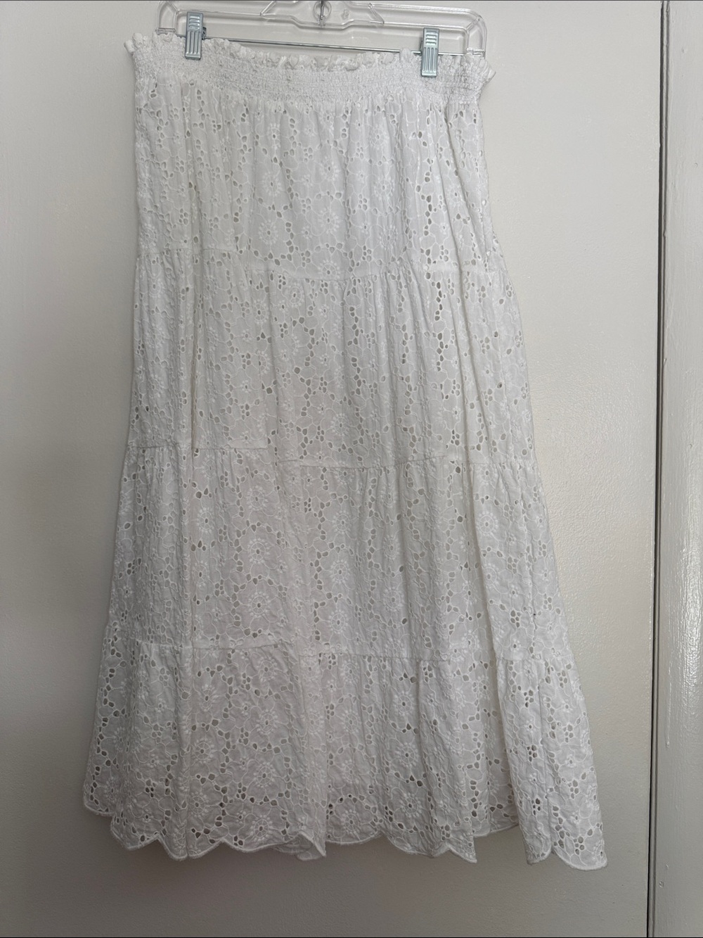Tory Burch White Cotton Broderie/Eyelet Smocked Tiered Midi Skirt, M